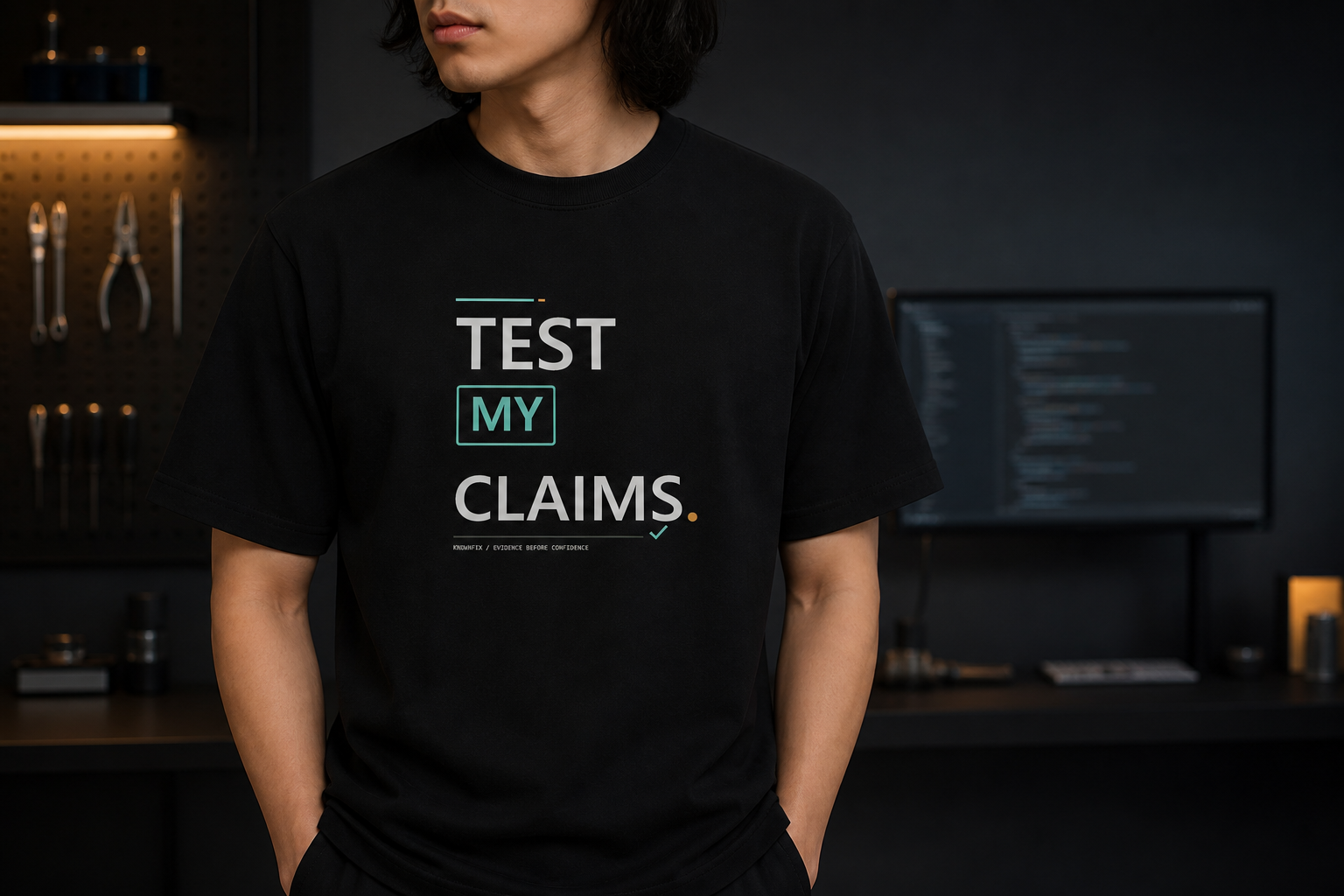KnownFix apparel campaign showing the Test My Claims heavyweight tee, Make No Mistake hoodie, and debugging desk mat